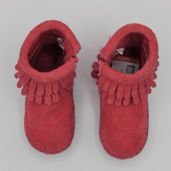 Minnetonka pink suede double Fringe baby booties size 2 - Picture 6 of 16